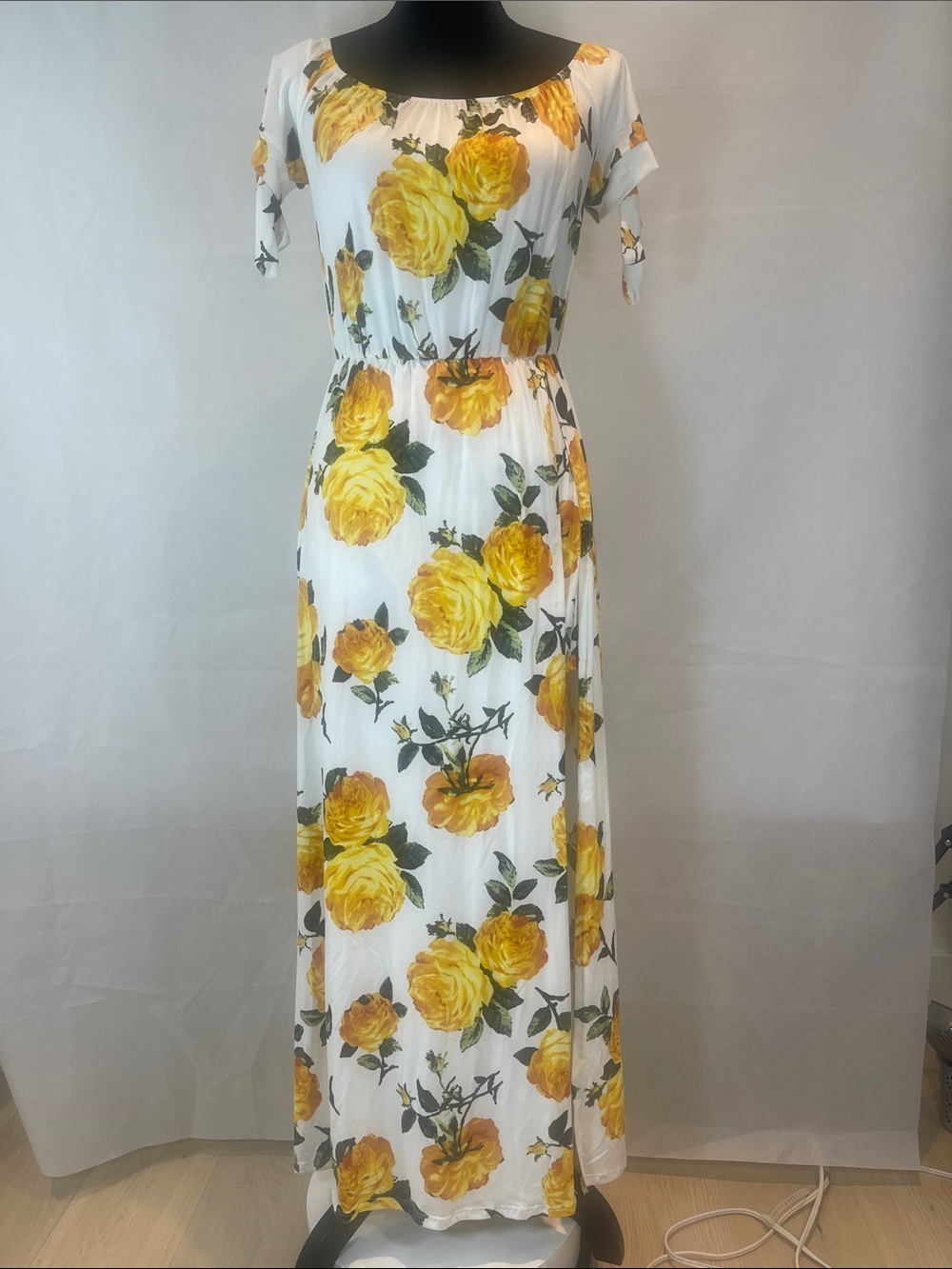 Vibe White Maxi Dress with Yellow Rose Print and Tie Sleeves - Picture 1 of 13